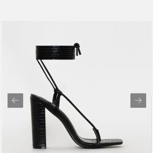 Black snake print strap block heel